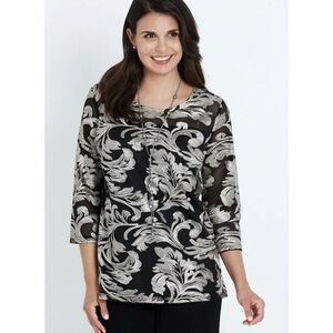 Liz Jordan 3/4 Sleeve Sequence Embroidered Patterned Mesh Top with Lining